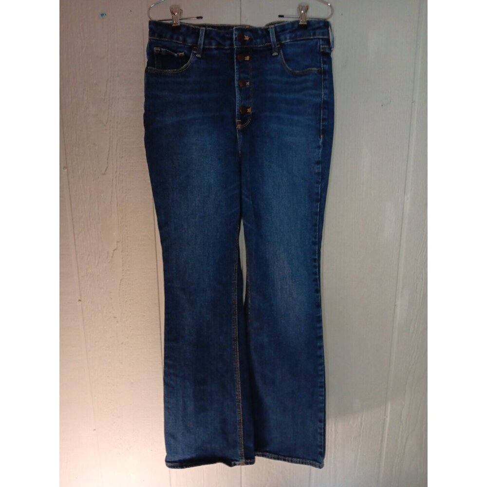 Old Navy Womens 12 Blue Denim Flare Extra High Rise Button Fly Jeans Stretch